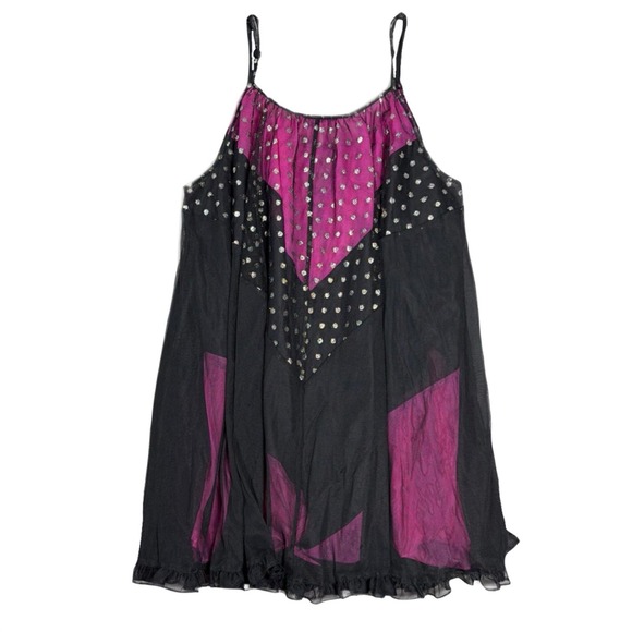 Betsey Johnson Womens Intimate Mesh Polka Babydoll Pink Black Nightgown Large - Picture 6 of 14